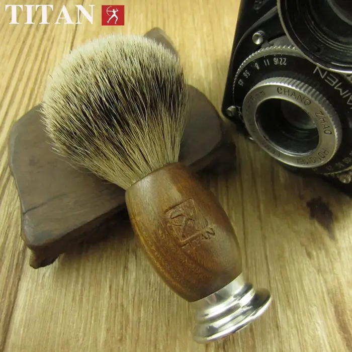 Titan-Brosse de barbier avec manche en bois naturel, blaireau, blaireau, cadeau