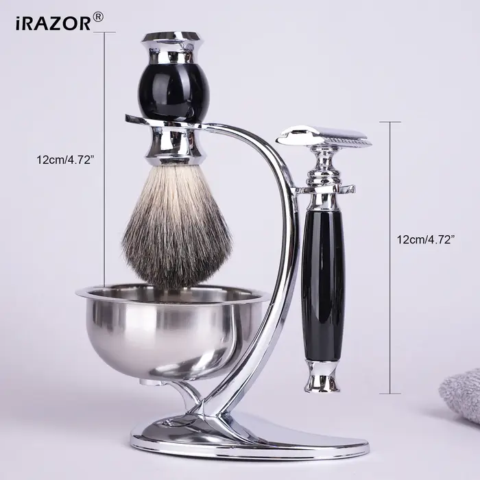 IRAZOR Kit de rasage humide pour homme avec rasoir manuel Brosse à cheveux de blaireau Bol à savon et support - Cadeau