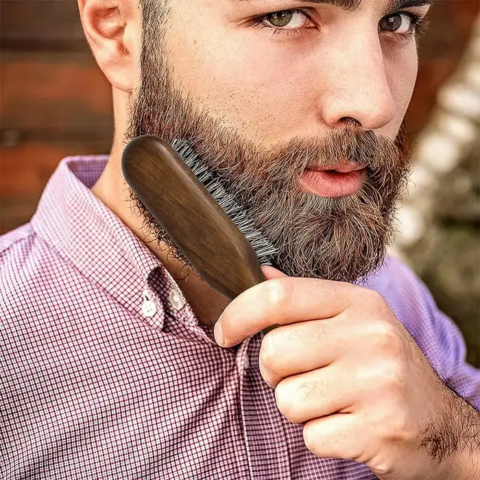 Brosse à barbe en poils de sanglier avec manche en bois, outil de rasage, brosse à cheveux en bois p