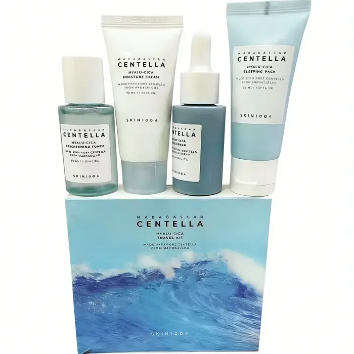 Kit de Voyage Centella HyaluCica, Tonique Éclaircissant, Sérum Ampoule Bleue, Masque de Nuit et Crèm
