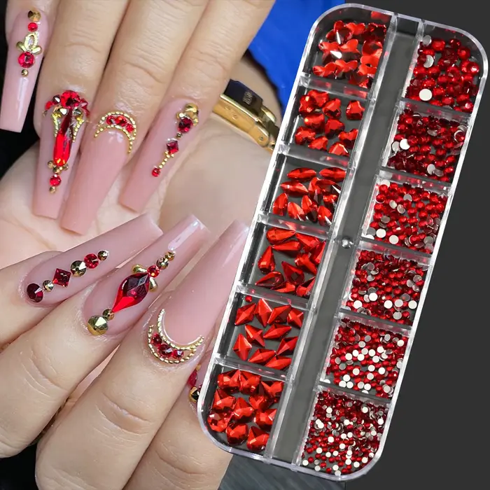 12 grilles rose mixte ongles strass luxe