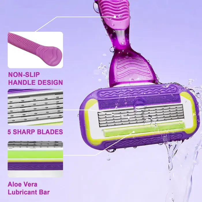 Kit de rasoir de sécurité pour femmes à 5 lames – 1 manche + 6/12/18 cartouches de rechange, pour un rasage doux et agréable du visage, des jambes, des aisselles et de la zone du maillot.