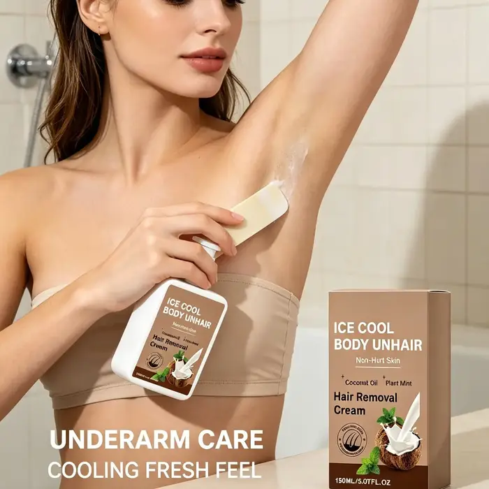 Crème dépilatoire pour le corps, pour les jambes, les bras, les aisselles, à l'huile de noix de coco, hydratante, non irritante, indolore, à la menthe glacée, 150 ml