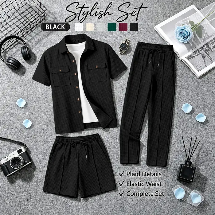 Ensemble 3 pièces polyvalent pour homme en tissu gaufré