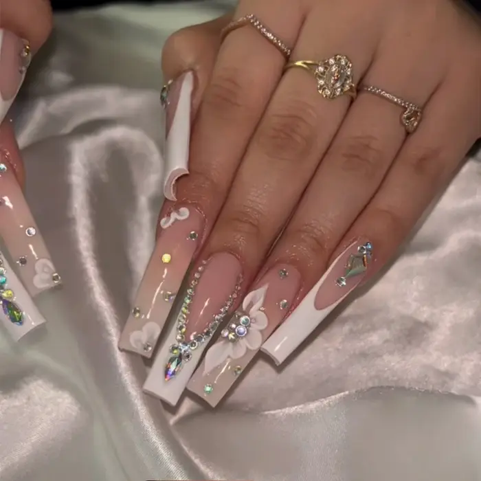 24 pièces noir français presse sur faux ongles diamants arc conception