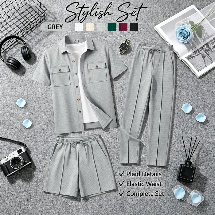 Ensemble 3 pièces polyvalent pour homme en tissu gaufré, chemise boutonnée respirante avec short et 