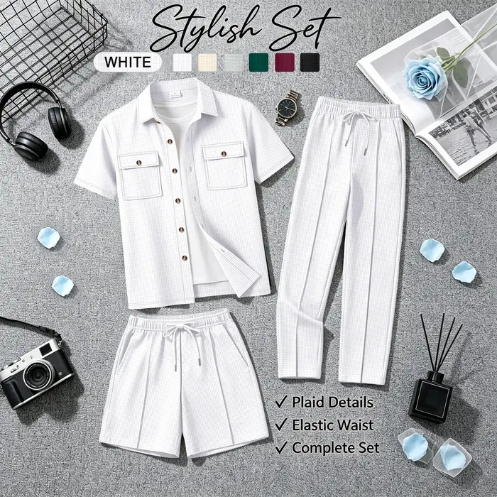 Ensemble 3 pièces polyvalent pour homme en tissu gaufré