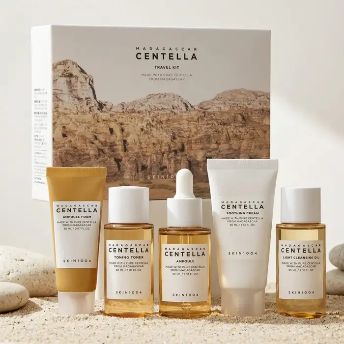 Kit de voyage coréen à la centella, tonique, ampoule, crème apaisante, huile nettoyante, mousse nettoyante, soins quotidiens de base, mini coffret cadeau de 5 pièces