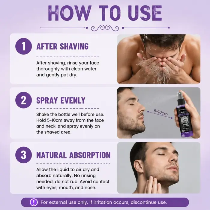Spray après-rasage pour hommes, frais, apaisant, hydratant, doux, non-irritant, pour usage quotidien chez le barbier ou à la maison.