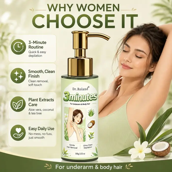 Crème dépilatoire 3 minutes à base d'extraits végétaux, douce, non irritante, sans résidus, pour aisselles, jambes, bras, visage, lèvres et zones intimes.