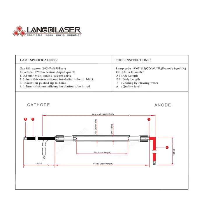 Ampoules laser IPL : 9*65*115F - courbure d'anode, lampe flash IPL pour pièce à main honkonlaser, la