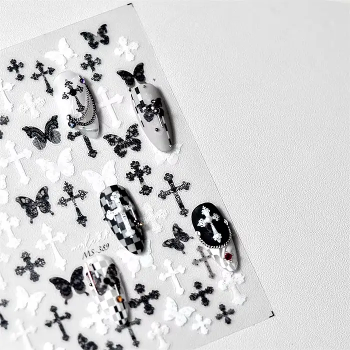 Femme Sexy noir blanc dentelle papillon croix 5D doux en relief Relief auto-adhésif Nail Art décorat
