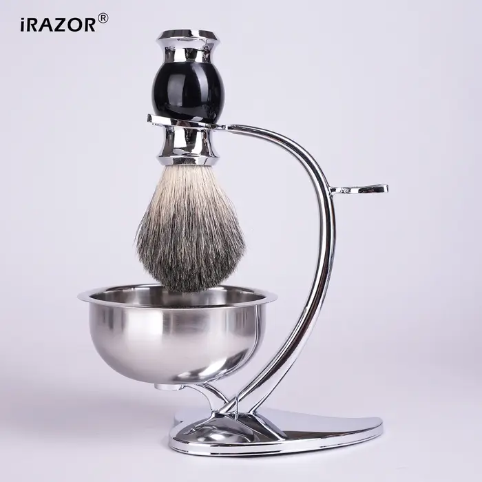iRAZOR Ensemble de rasage, support de rasage, bol à savon et brosse, kit de rasoir de sécurité de lu