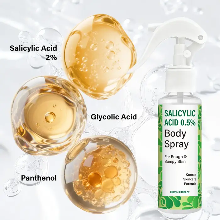 Spray corporel à l'acide salicylique 0,5% avec acide glycolique et panthénol – Formule coréenne pour peaux rugueuses et irrégulières