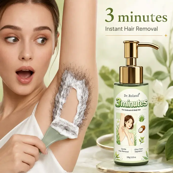 Crème dépilatoire 3 minutes à base d'extraits végétaux, douce, non irritante, sans résidus, pour aisselles, jambes, bras, visage, lèvres et zones intimes.