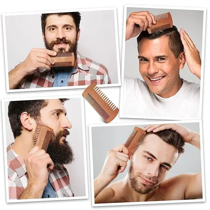 Peigne à barbe en bois pour hommes avec étui en cuir