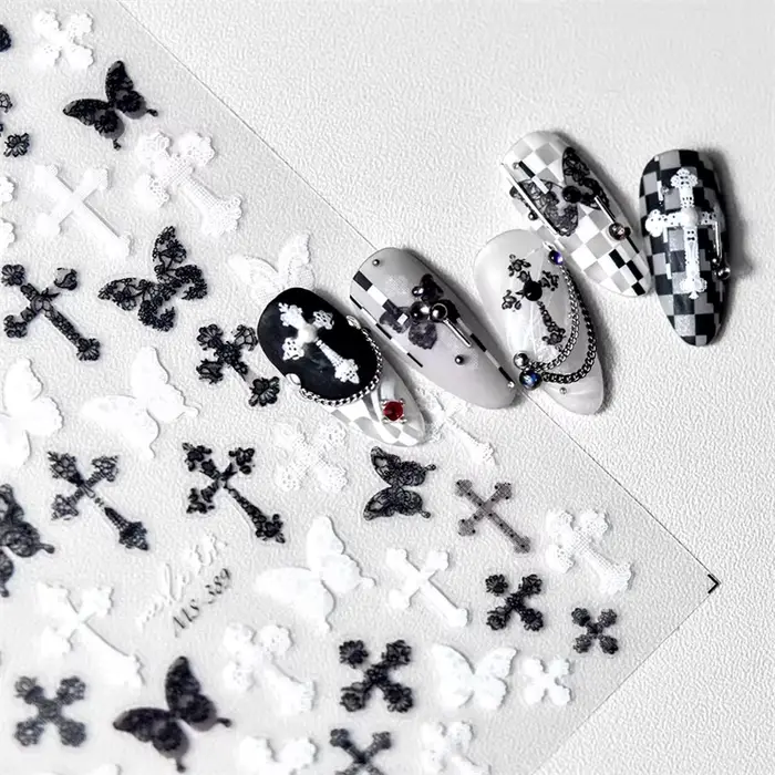 Femme Sexy noir blanc dentelle papillon croix 5D doux en relief Relief auto-adhésif Nail Art décorat