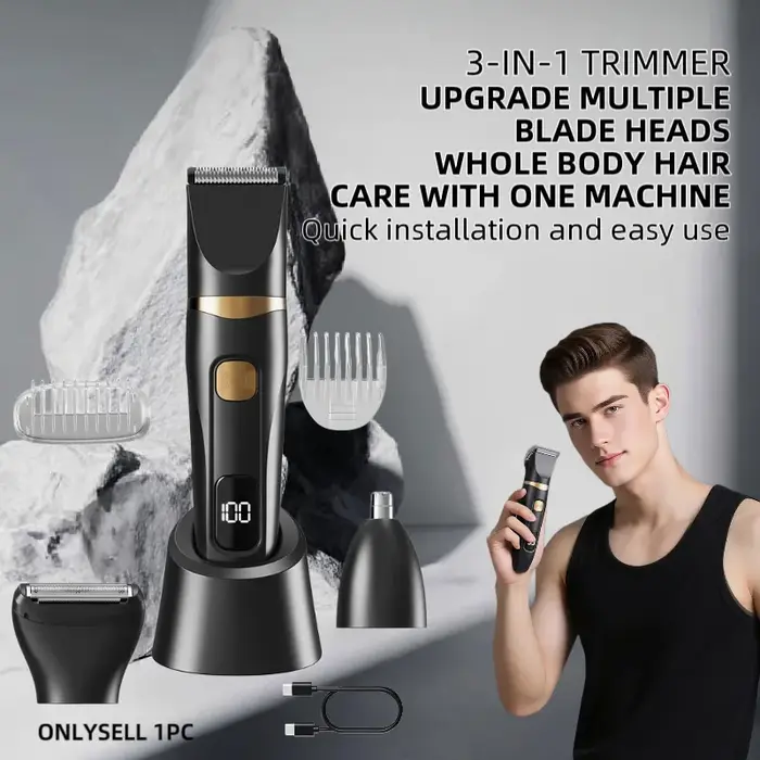 Tondeuse corporelle 3-en-1 étanche pour homme avec lames en céramique détachables pour usage quotidi