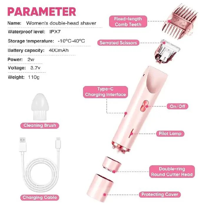 1 Rasoir Électrique pour Femme, Tondeuse Bikini, Rasoir Électrique à Double Tête, Rasoir Corporel Femme Deux-en-Un, Étanche IPX67 pour Utilisation Humide