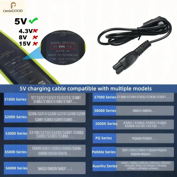 Chargeur pour rasoir Philips Norelco MG9520/50 MG7910/49 MG5910/49 PQ888 PQ889 S1112 S1118 QP2724/90 QP2834/70 S2313 X5000 S5831