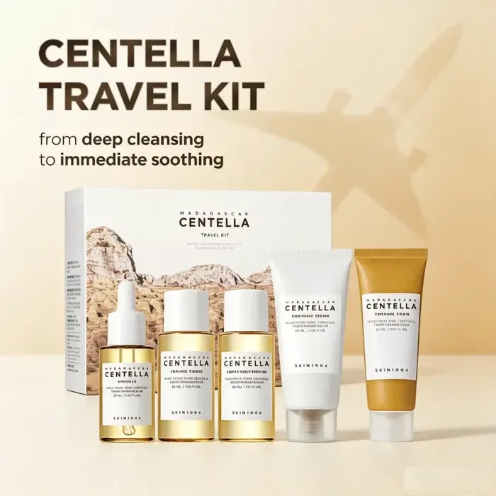 Kit de voyage coréen à la centella, tonique, ampoule, crème apaisante, huile nettoyante, mousse nettoyante, soins quotidiens de base, mini coffret cadeau de 5 pièces