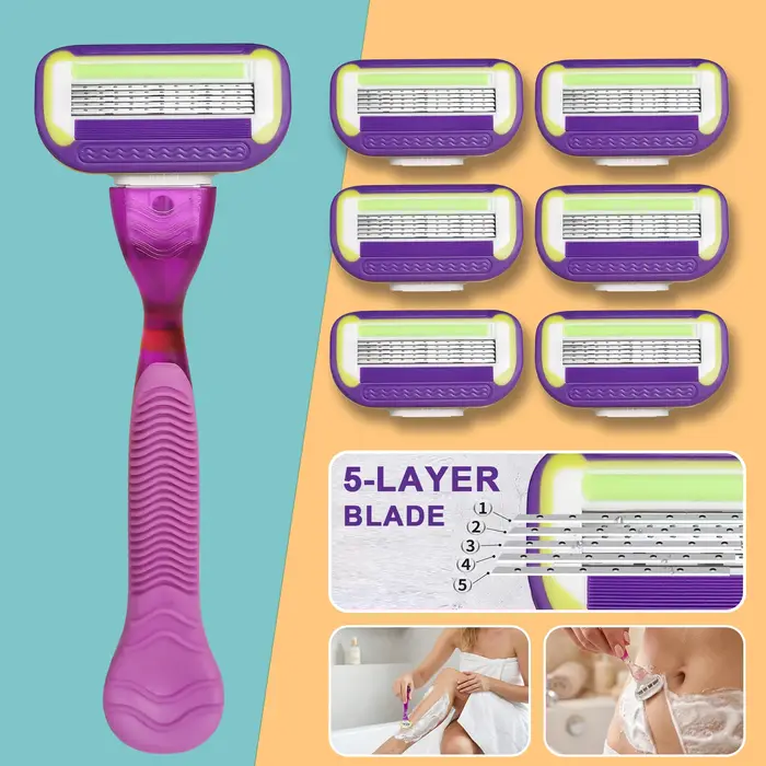Kit de rasoir de sécurité pour femmes à 5 lames – 1 manche + 6/12/18 cartouches de rechange, pour un rasage doux et agréable du visage, des jambes, des aisselles et de la zone du maillot.