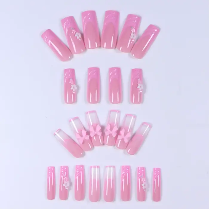 24 pièces- Faux ongles longs en forme de cercueil, papillon tridimensionnel rose, décoration florale