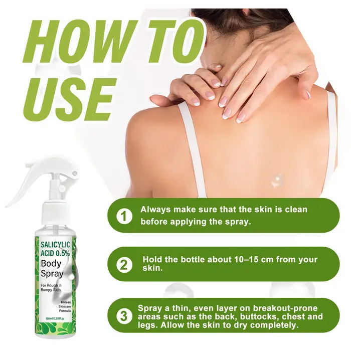 Spray corporel à l'acide salicylique 0,5% avec acide glycolique et panthénol – Formule coréenne pour peaux rugueuses et irrégulières