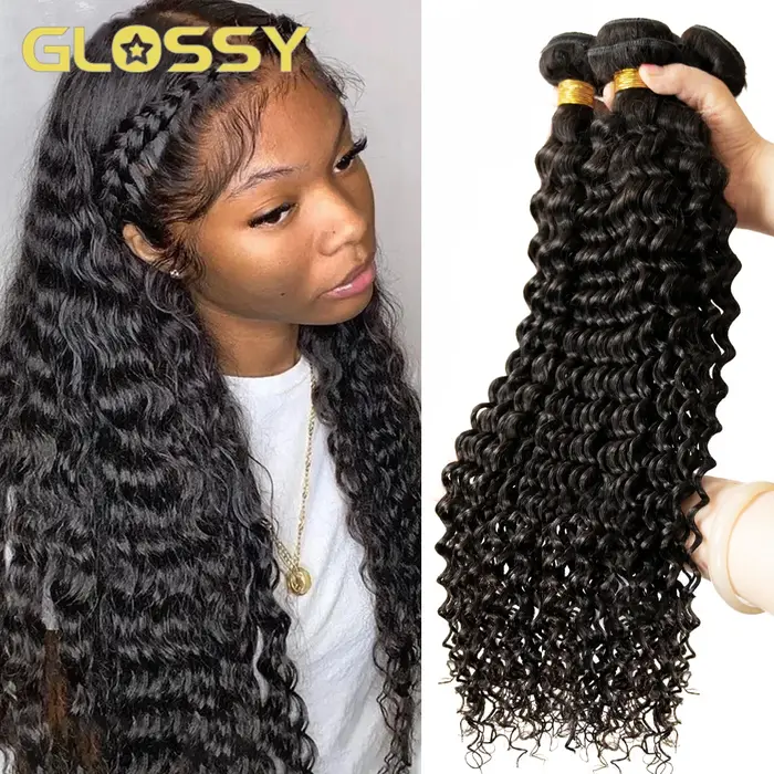 Bundles de cheveux humains bouclés longs pour femmes, cheveux bruts indiens, vague profonde, extensi
