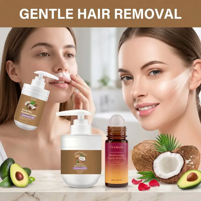 Crème dépilatoire visage et huile roll-on après-épilation – Formule douce à la noix de coco pour une peau lisse et