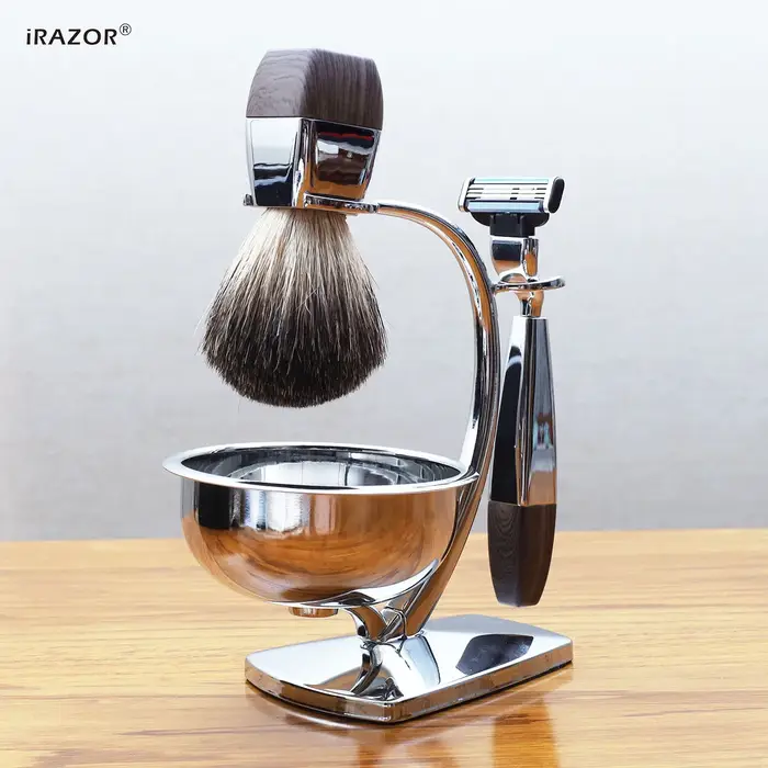 IRAZOR Kit de rasage humide professionnel pour hommes Mach 3 rasoir blaireau brosse à cheveux support