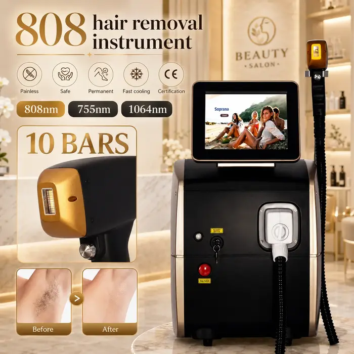 Appareil professionnel d'épilation au laser diode 808nm à 10 barres avec tête de refroidissement pour épilation complète du corps et des aisselles, salon de beauté
